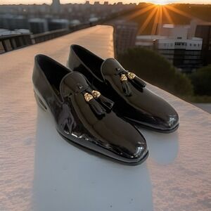 Moretti Gold Label Mens Black Patent Leather Velvet Tassel Loafers Size 8